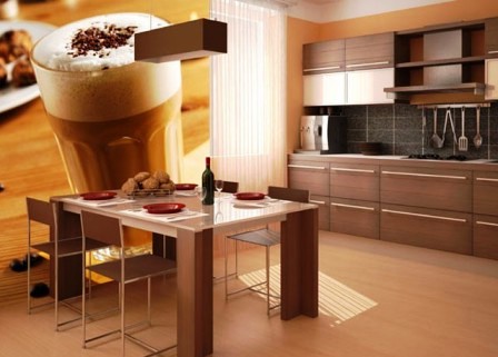 фотообои возле стола в большой кухне